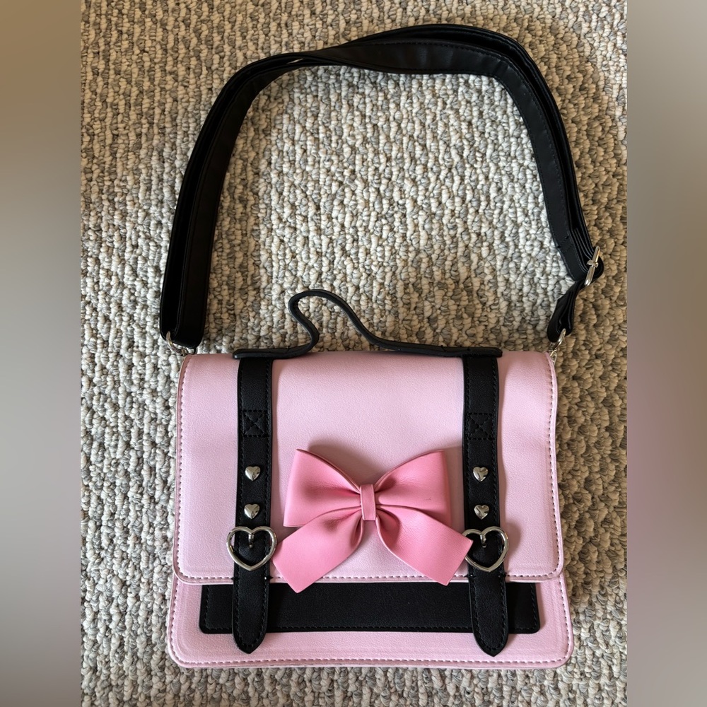 Hot Topic Pink and Black Crossbody Bag with Bow